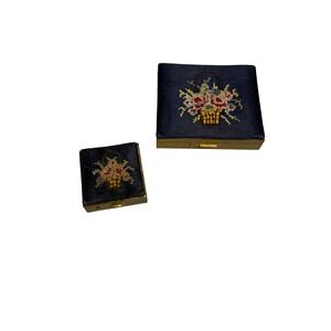 Antique Edwardian Embroidered Vanity Powder Compacts Pair Brass Mirror c‎ 1900